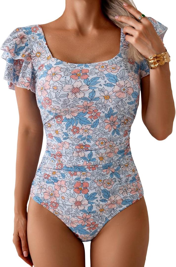 Eomenie Women's Tummy Control One Piece Swimsuit Ruffle Square Neck Bathing Suit Ruched Cutout Back Slimming Swimwear (Orange Print, S)