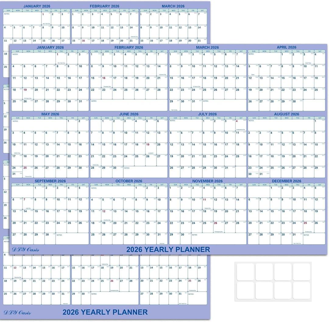 2 x 24" x 36" 2026 Wall Calendar, Folded Wet & Dry Erase Wall Calendar 12 Month, Yearly Laminated Wall Calendars, Reversible Annual Planner, Horizontal/Vertical, with Julian Dates