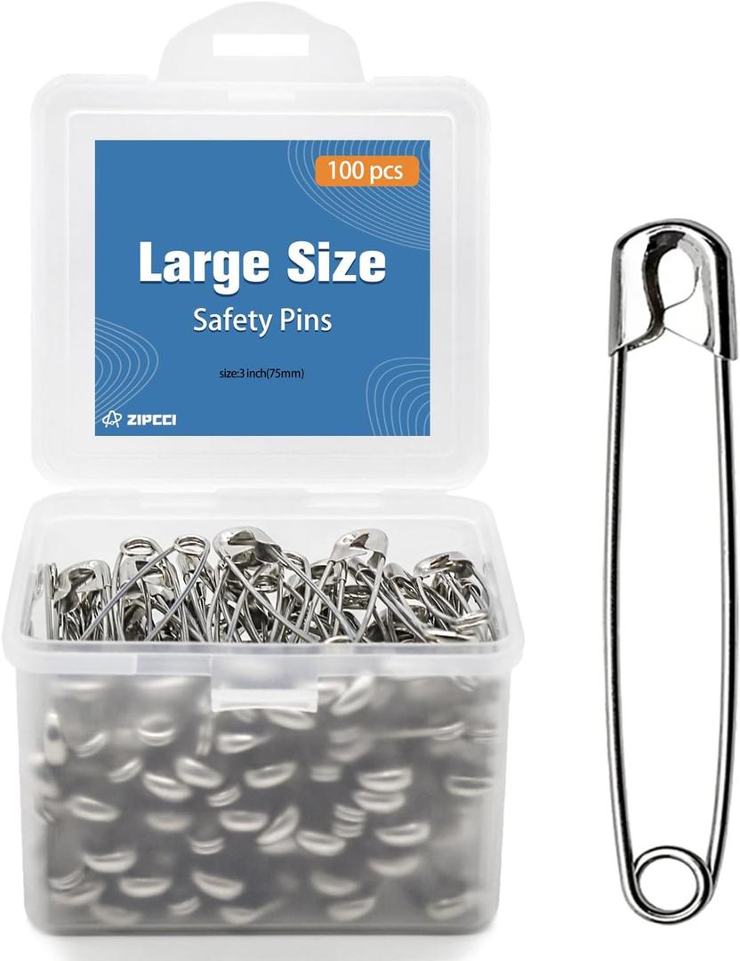 ZIPCCI 3 Inch Large Safety Pins - 100 Pcs Heavy Duty Steel Wire Pins (Large Size)