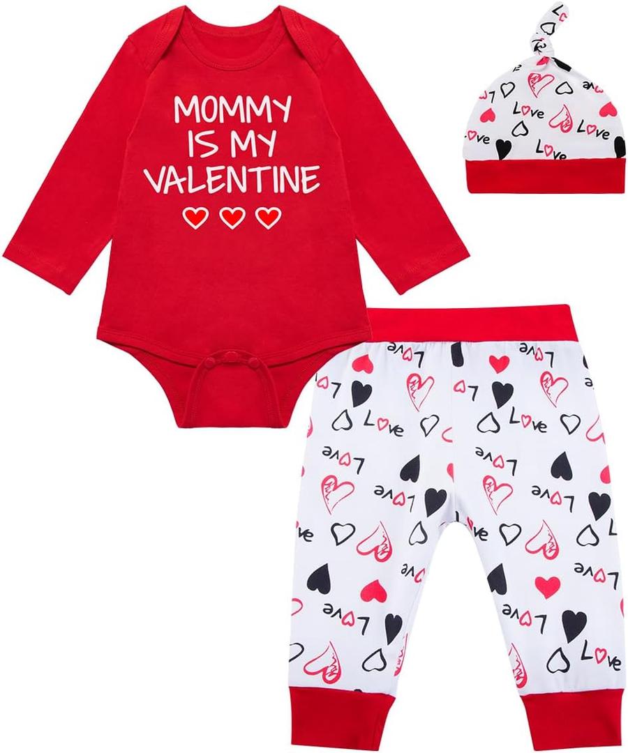 Baby Boys Girls Mommy Is My Valentine Outfit Set Heart Long Sleeve Pants Set (3-6 Months, Red)