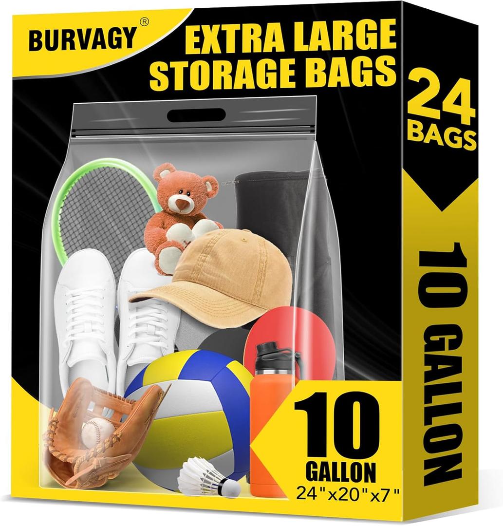 BURVAGY 24 Pack Extra Large Plastic Storage Bags 10 Gallons 24"x20"x7" Zero BPA Double Zipper Seal 4 Mils Thick Double Layer Carry Handle Resealable Moving Seasonal Travel Clothes