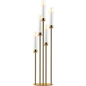 Gold Candelabra with Glass Cylinders for Real Candles 5 Arms Metal Candle Holder Wedding Event Party Home Decoration Centerpiece (1, L)