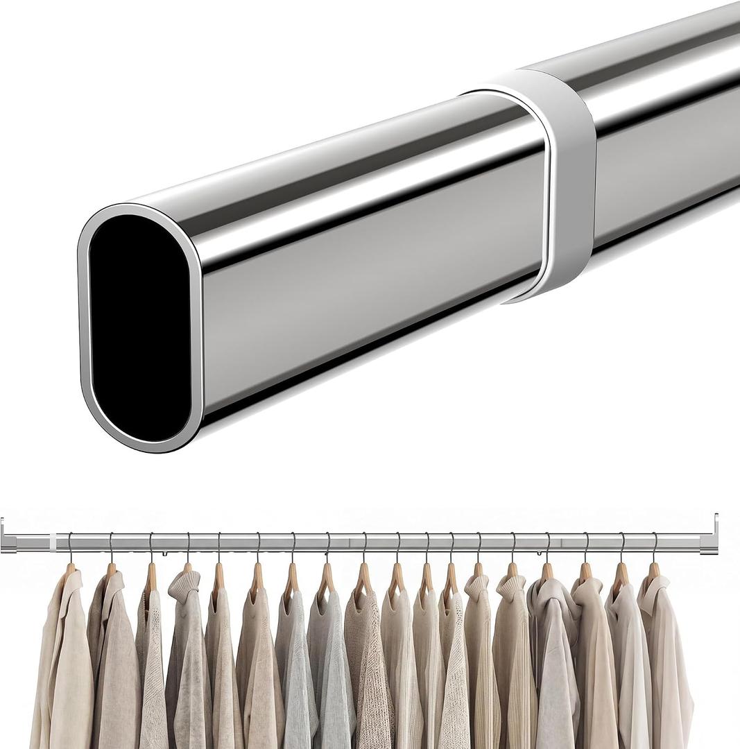 Oval Closet Rod 18-88 Inch Adjustable Closet Rods for Hanging Clothes Heavy Duty Silver Poles Bar with End Supports Rust Proof Wardrobe Rod for Laundry Room RV