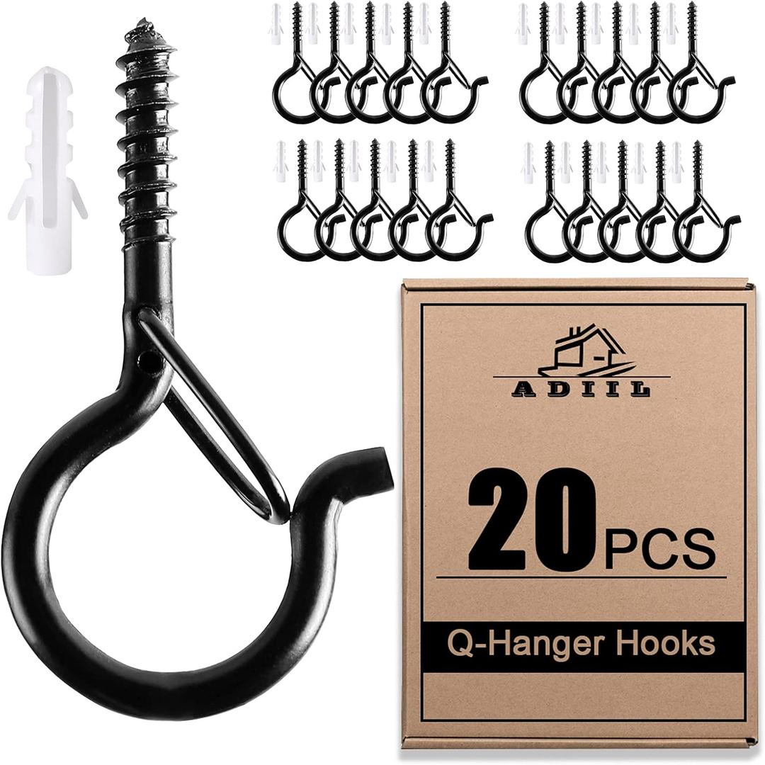 ADIIL 20 PCS Q Hanger Hooks with Safety Buckle, Windproof Screw Hooks for Hanging Outdoor String Lights, Plants, Christmas Patio Lights, 2.2 Inches, Black