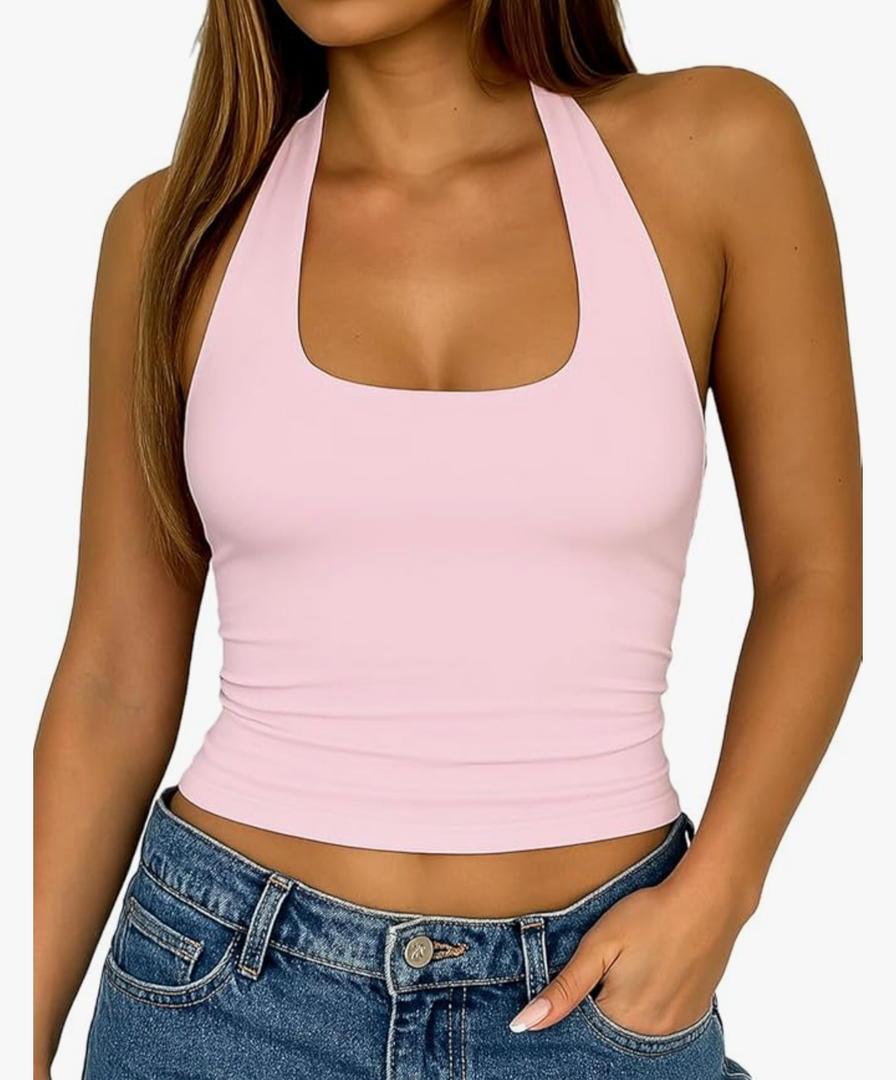 Backless Halter Tops for Women - Summer Tank Top Casual Open Back Cute Sleeveless M Pink