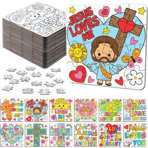Realspring 24 Pack Religious Jesus Loves Me Color Your Own Jigsaw Puzzles for Kids 3-5, 4-6, 6-8, Coloring Crafts DIY Paper Puzzles Party Favors Gifts for Toddler Children Learning Education Toys