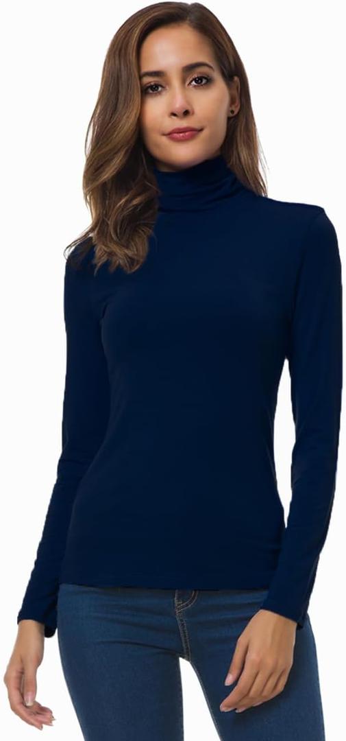 Women Long Sleeve Turtleneck Slim Fitted Based Layer Lightweight Active Shirt Pullover Tops (Large, 4-navy)