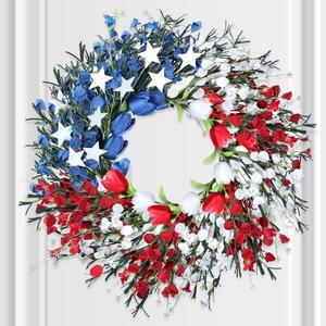 Enhon 250th Anniversary Patriotic Wreath, 4th of July Patriotic Wreath for Front Door, Red White and Blue Tulip Flower with Stars, Ideal for 2026 Independence Day & Memorial Day Decor