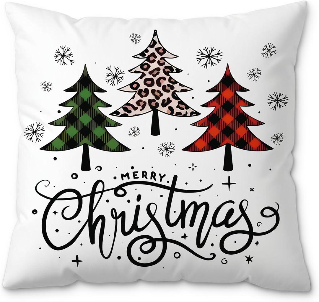 Merry Christmas Tree Pillow Covers 18x18, Winter Home Decor, Red and Green Plaid Leopard Xmas Tree Snowflake Decorative Pillow Covers for Couch Sofa Bedroom Living Room Home (Style02)