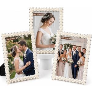 3 Pcs 5 x 7 Picture Frame with Pearls for Wedding Gifts, Wedding Frames for Horizontal and Vertical Decor Tabletop Display