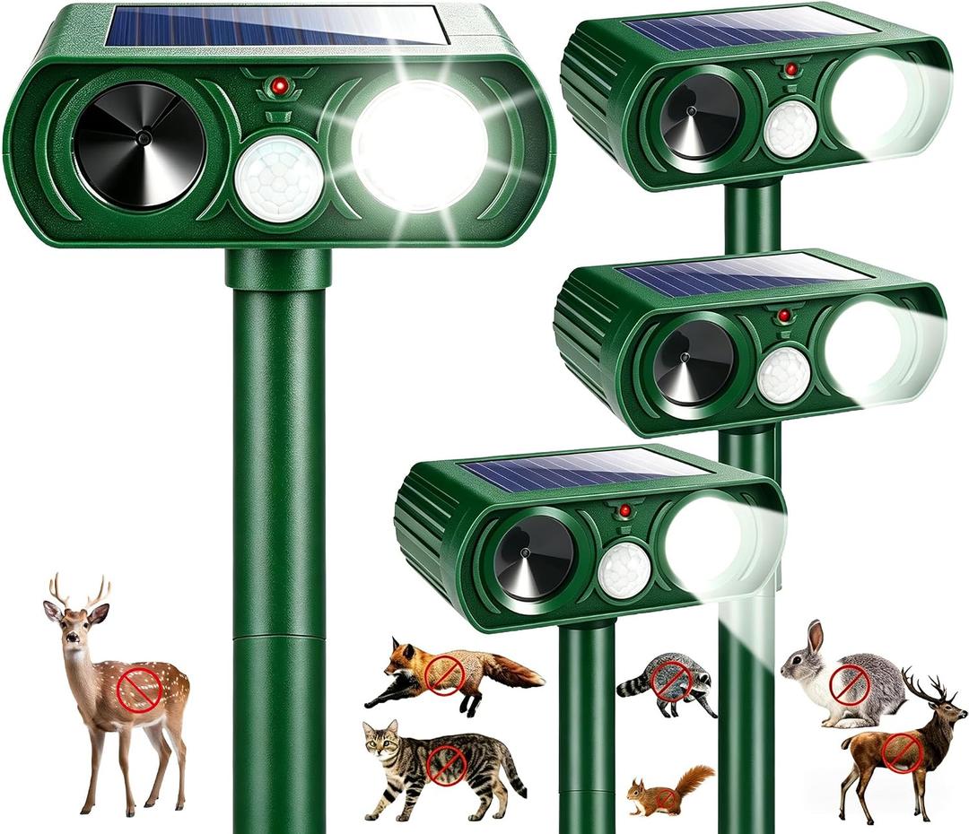Upgraded Sonic Fortress Pro Deer Repellent Cat Deterrent Outdoor Solar Ultrasonic Animal Repellent with Motion Sensor Strobe Light for Skunk Rabbit Raccoon Squirrel Fortress Pro for Yard Garden,4 Pack