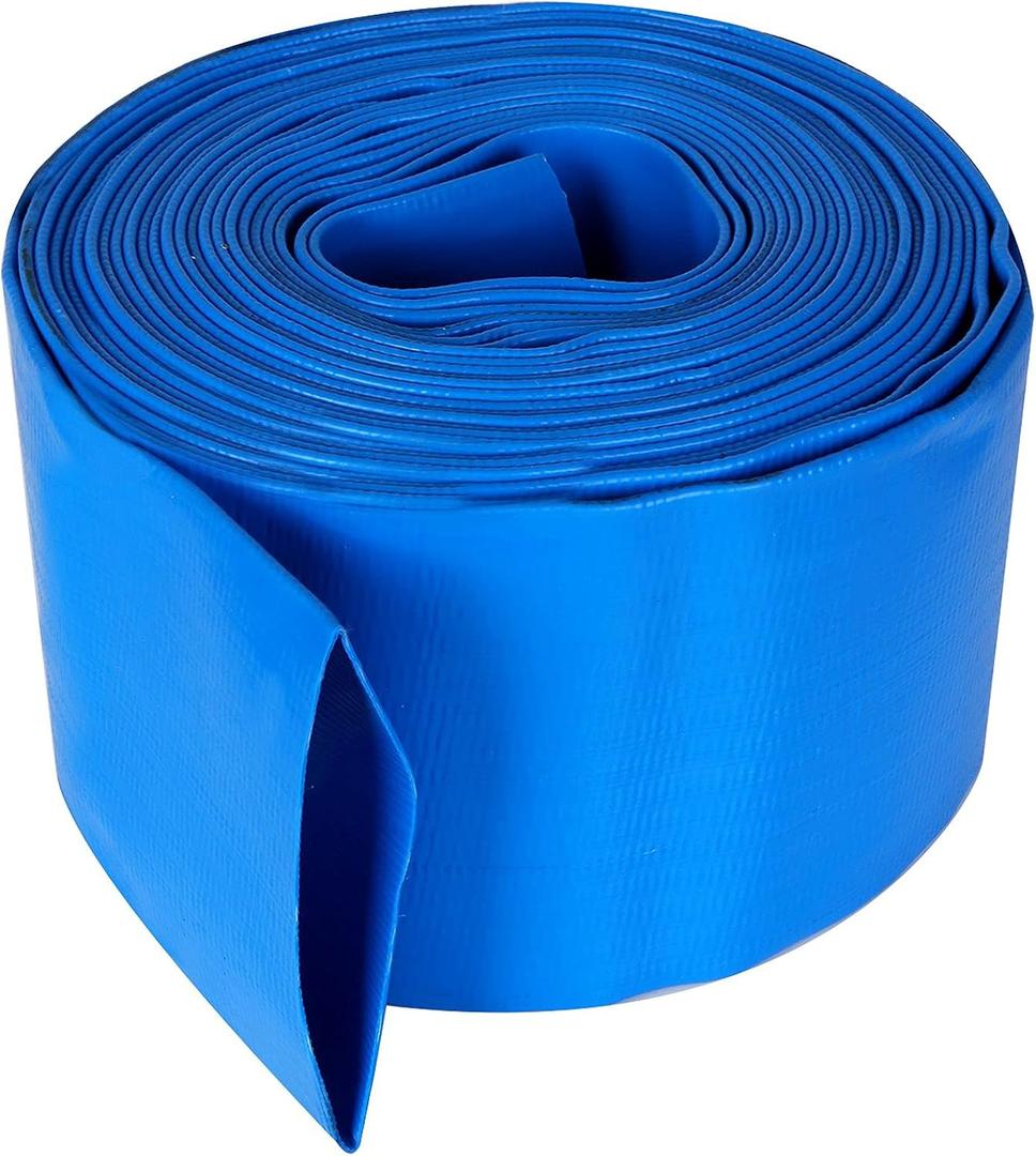 Flat 5" wide and fits 3" diameter water pipes, 34.5 feet (10.5 m) long, Heavy Duty PVC Discharge Hose Reinforced Pool Backwash Hose, Weather Resistant Flat Drainage Hose for Water Transferring (Blue)