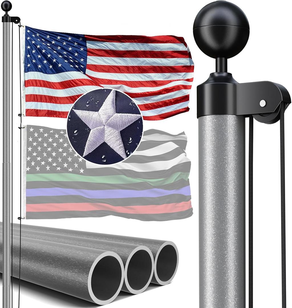 20FT Heavy Duty Flag Pole, 12-Gauge Aluminum, 100MPH Wind Tested | Extra Thick Residential & Commercial Flagpole Kit for Outside House Includes USA Flag & All Hardware to Fly Two Flags