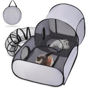 Pet Playpen with Surround Tunnel, Outdoor/Indoor Cat Playpen with Breathable Soft Sides，Tailtastic Cat Enclosure Tent for Small Animals, Portable Tent with Carry Bag (Medium)