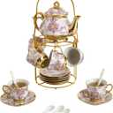 20-Count Purple European Ceramic Tea Set - Elegant Gold-Plated Coffee Cup & Saucer Collection for 6 People, Vintage Style Porcelain Tea Service for Afternoon Tea, Parties & Home Use