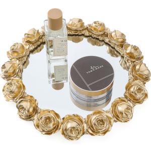 Gold Rose Mirrored Vanity Tray - Ornate Makeup Vintage Round Perfume Dresser Jewelry Trinket Organizer for Bathroom Storage Home Decor