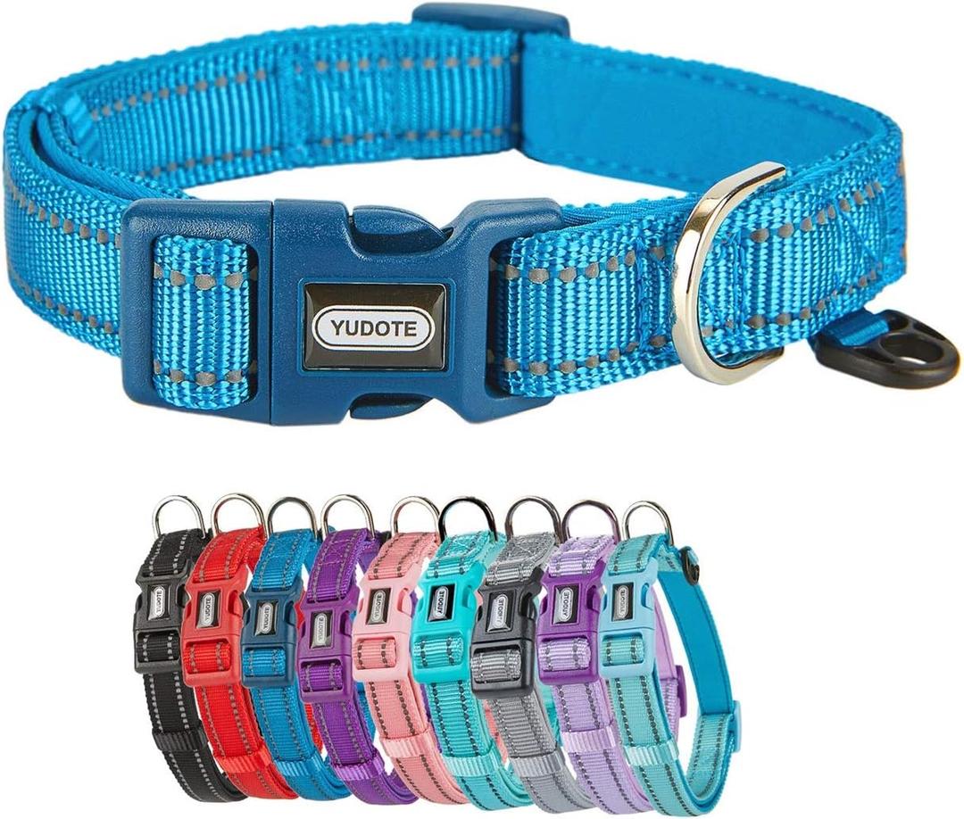 Reflective Nylon Padded Dog Collar Adjustable Soft Pet Collars with Quick Release Buckle for  Dogs (Blue, 10-15 inch)