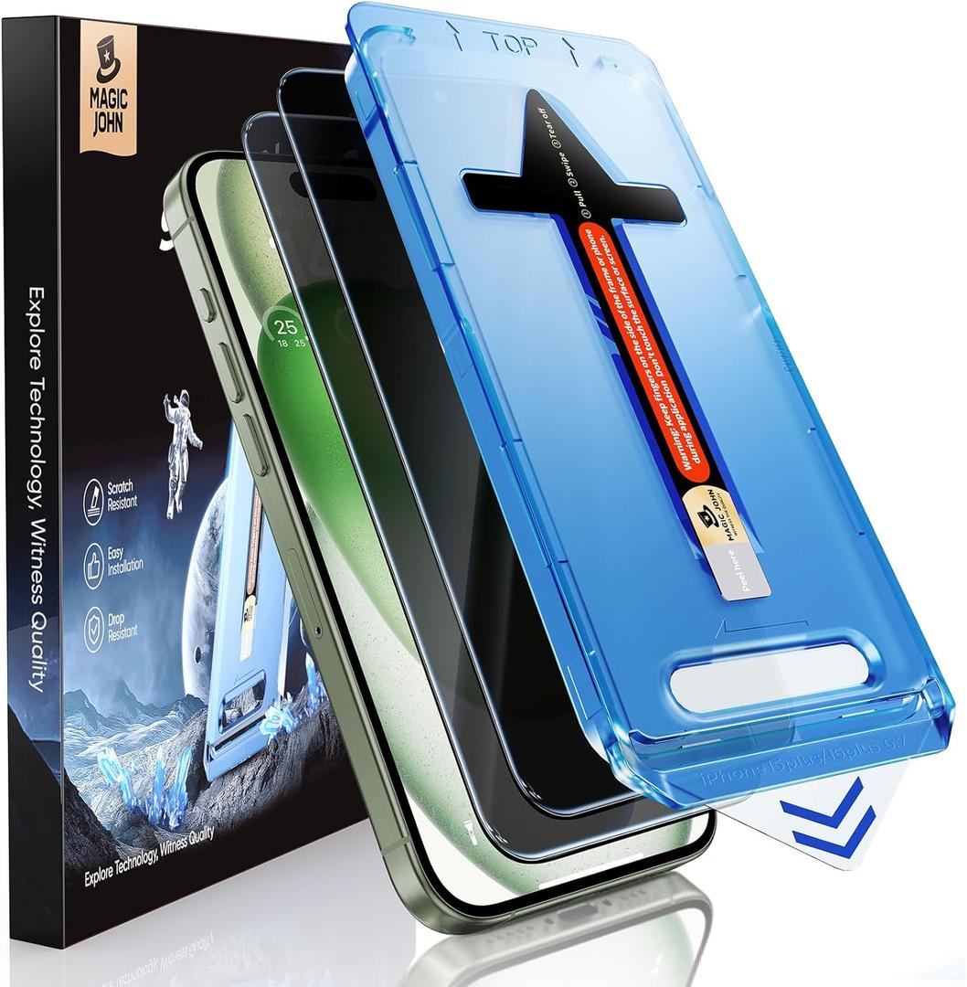 MAGIC JOHN 2 Pack for iPhone 15 Plus 6.7 inch Privacy Glass Screen Protector, Auto Dust-Elimination Installation, Bubble Free, Easy Installation