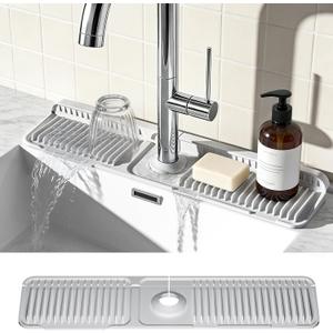 24 Inch Faucet Mat for Kitchen Sink, Silicone Splash Guard for Kitchen Sink Area, 7 Slope Fast Self-Draining Sink Mat, Cuttable Hole Design, Sink Backsplash Guard Draining Mat, Grey