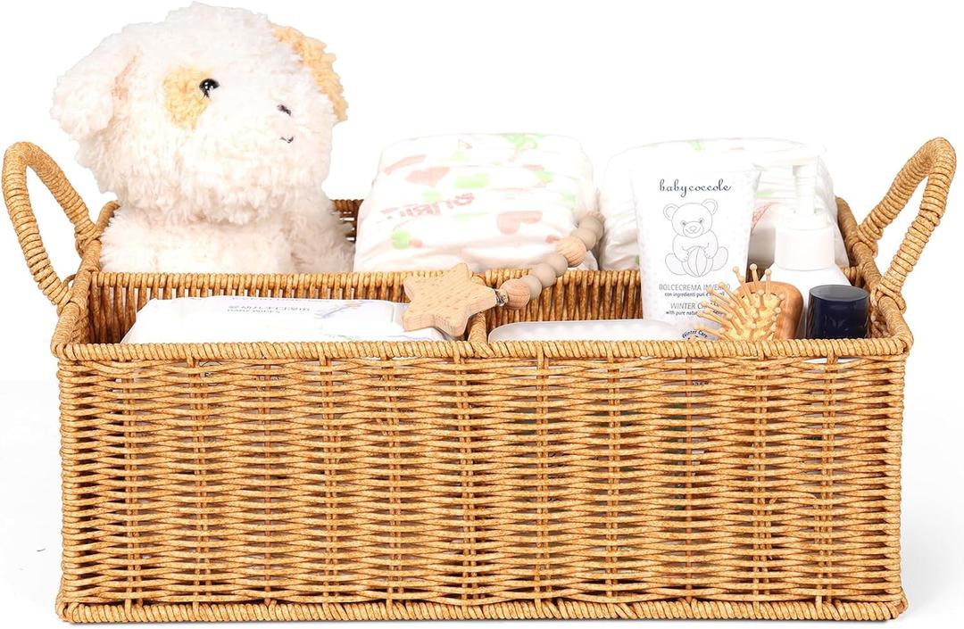 Diaper Caddy Organizer, Hand Rattan Nursery Baby Basket Changing Table Organizer for Baby Essentials, Baby Shower Gifts, Versatile Shelf Basket Bathroom/Kitchen Organizer (Natural, L)