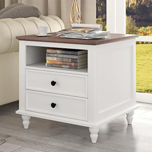Farmhouse End Table with Charging Station, 23.6" Square Sofa Side Table with Solid Wood Feet & 2 Spacious Drawers, Large Bedside Table Rustic Nightstand for Living Room Bedroom (White)