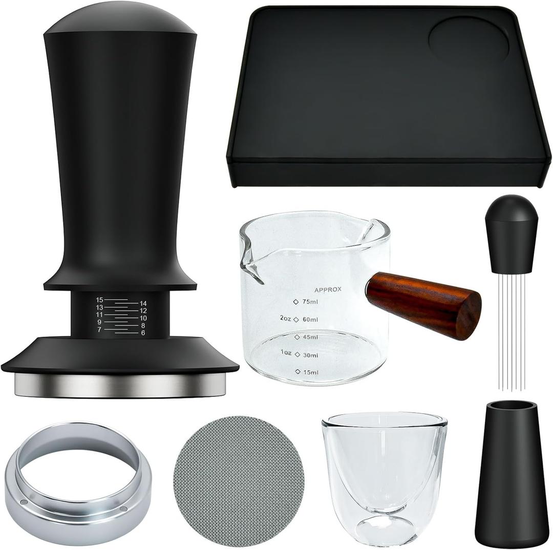 7 Pcs 51mm Espresso Accessories Kit, Spring Loaded Calibrated Tamper, WDT Tool, Coffee Measuring & Espresso Cup and Tamper Mat, Puck Screenr & Dosing Funnel, 51mm Espresso Machine Accessories