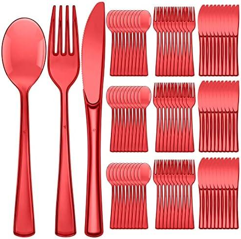 Minatee 150 Pieces Disposable Cutlery Set Plastic Silverware Heavy Duty Utensil Sets 50 Forks 50 Knives 50 Spoons for Home Office School Party Picnics Restaurant Outdoor Events(Red)