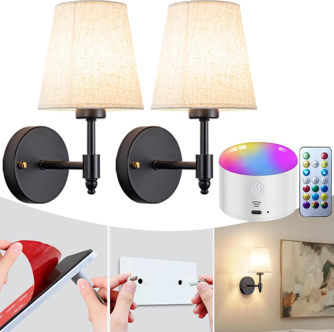 YHCDLAMP Peel and Stick Wall Sconces, No Drilling Stick On Wall Sconce, Wireless Battery Operated Wall Lights, Adhesive Wall Lamp with 10000mAh Battery Bulb for Bedroom Living Room Decor (Black-11.8inch)
