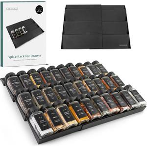Spice Drawer Organizer - Expandable Spice Rack for Drawer, Black Seasoning Organizer for Drawer Spice Organizer, Spice Organization Seasoning rack insert for Cabinet (Jars Not Included)