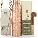 Premium 99.96% Pure Copper Water Bottle, 32 oz (950 ml), Hand-Hammered Finish,Leak-Proof Cap | Canvas Bag, Coconut Fiber Brush & Copper Straw Cleaner | Home, Office, Gym & Travel