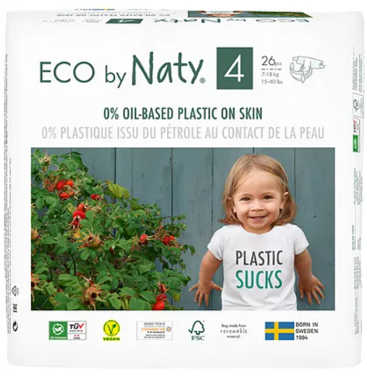 Naty Eco-Friendly Tape Style Diapers, 26 Pieces, Size 4, 7-18kg, Plant-Based, GM-Free, FSC Certified, Breathable and Rash-Preventing