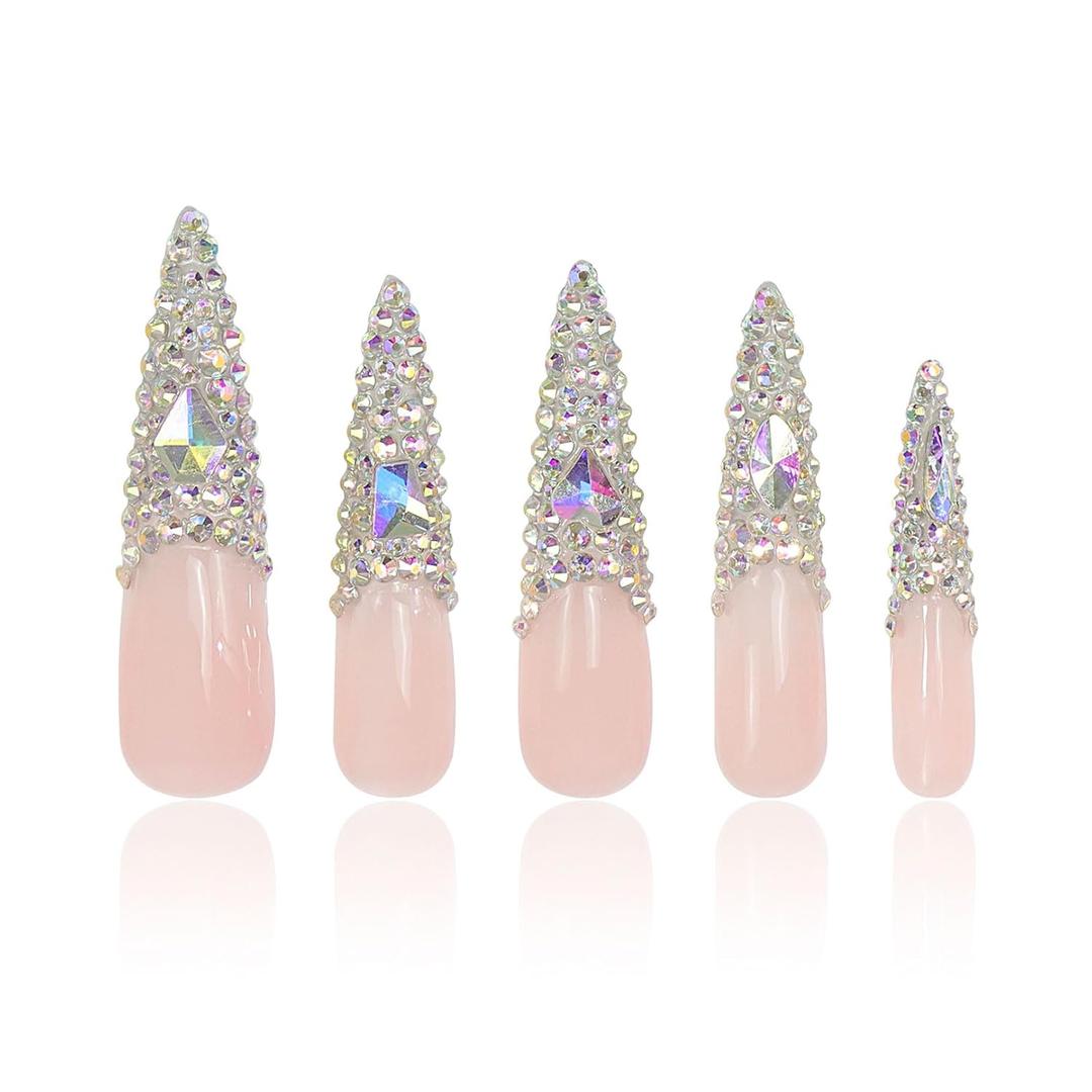 LOVFUL Press on Nails Angel's Tear Rhinestone | Handmade with Full Covered Crystals | Reusable Full Cover Nails | Stiletto Long 2.2 in | H48-M