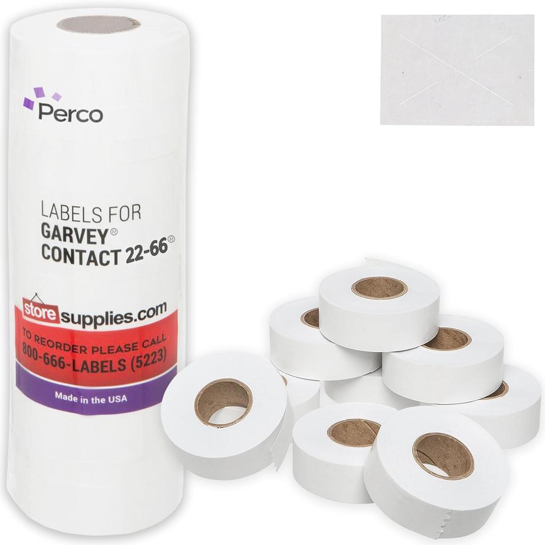 Perco White Garvey 2216 Pricing Labels for Garvey 22-66/22-77/22-88 Two Line Pricing Gun - 9 Rolls, 1 Sleeve - 9,000 Pricemarking Labels and 1 Inker Included