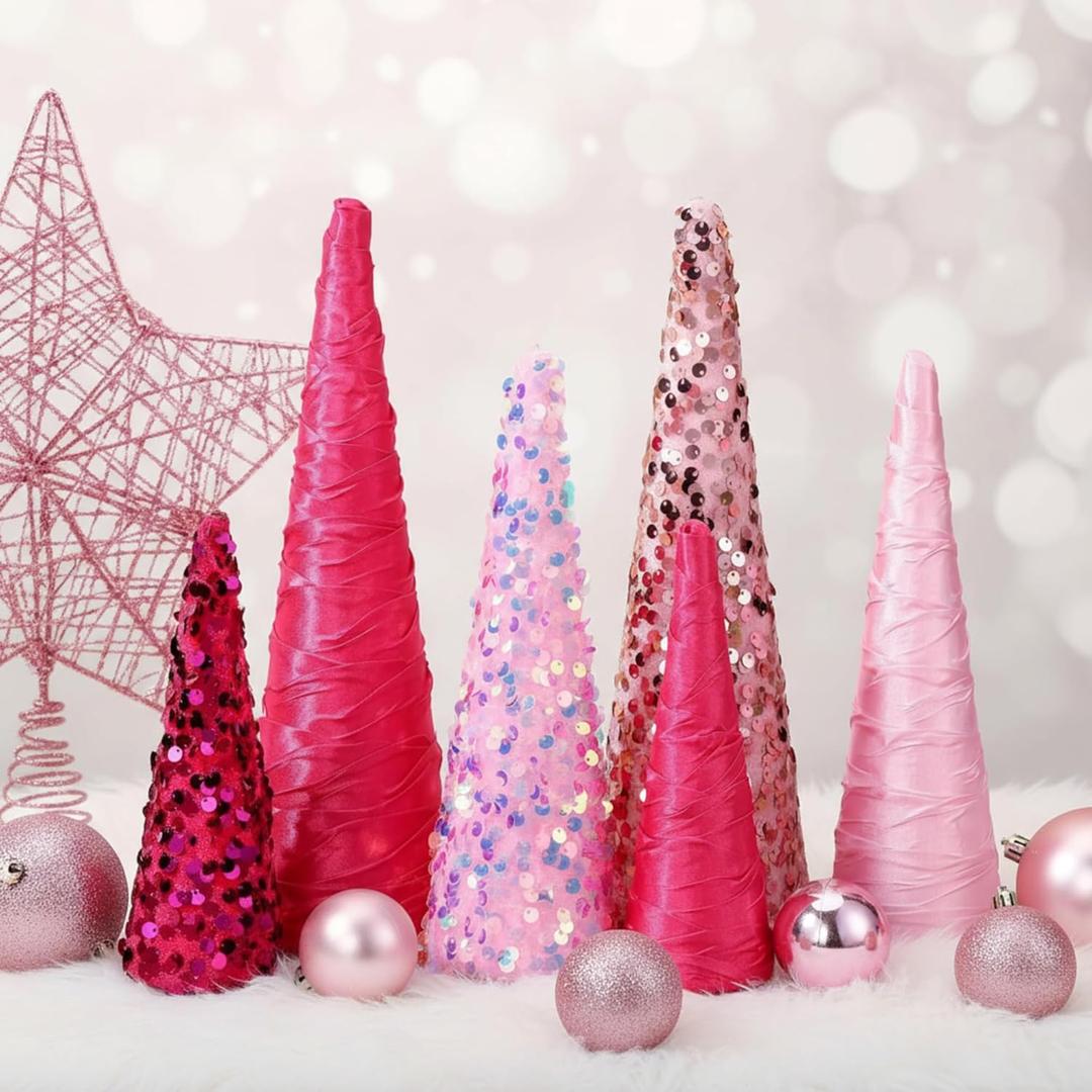 Anglechic 6 Pcs 10" 8" 6" Pink Valentines Cone Trees Decoration Glitter Velvet Table Centerpiece Valentines Pink Tabletop Ornaments for Xmas Tabletop Home Crafts Wedding Holiday Party Room Decoration