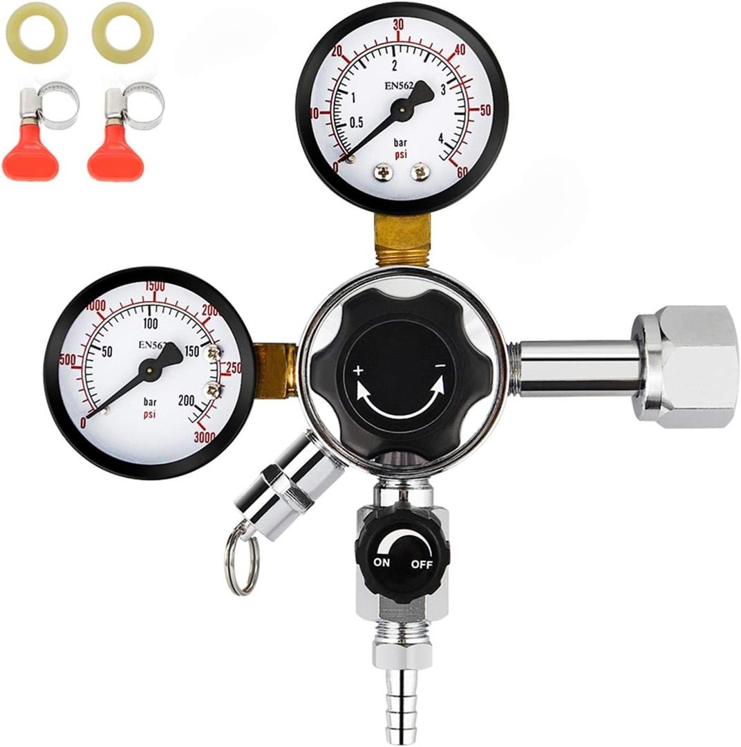 FERRODAY Dual Gauge Co2 Regulator Beer Kegerator Co2 Regulator Beer Keg Dual-stage Kegerator Regulator CGA-320 Beer Regulator Co2 Kegerator Part Beer Keg Regulator Co2 Beer Gas Regulator Beer Tap Tool (0-60PSI One System R-Knob, Red)