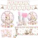 142 Pcs Happy Easter Plates and Napkins Easter Party Decorations with Banner and Tablecloth Pink Gingham Cute Bunny Spring Floral Disposable Dinnerware Set for Spring Celebration Holiday Brunch