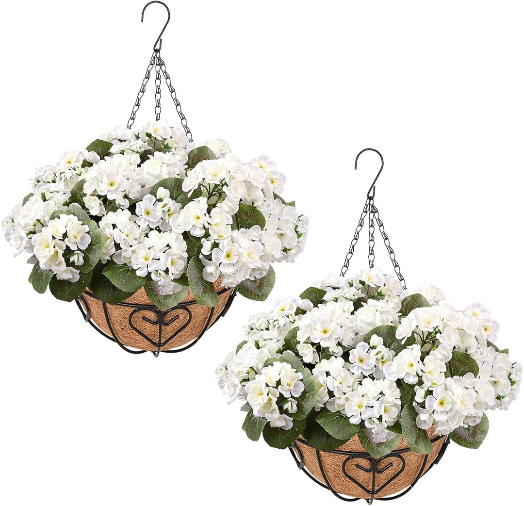 Waipfaru 2 Set Artificial Geraniums for Outdoors with Hanging Baskets, 12 Bundles UV Resistant Artificial Outdoor Plants, Fake White Flowers for Spring Front Porch Home Patio Balcony Yard Decor