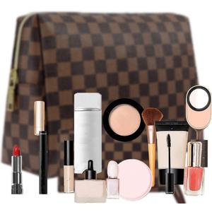 BAGCRAZY Checkered Makeup Bag Set, Elegant Travel Cosmetic Bag 2 Pack, Waterproof PU Leather Makeup Organizer with Zipper for Women