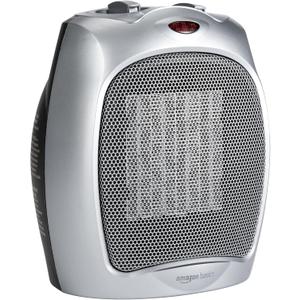 Amazon Basics Ceramic Space Heater, Portable Indoor Heating Solution, With Overheat and Tip-Over Protection, Thermostat, Non-Oscillating, 1500W, 7.52"D x 6.34"W x 9.45"H, Silver