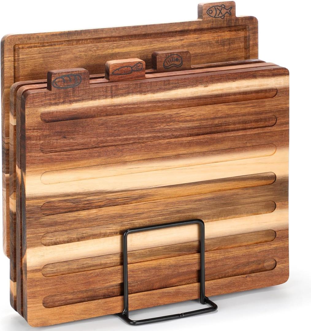 Patelai 4 Pcs Wooden Cutting Board with Stand Acacia Cutting Board Bulk with Labeled Food and Juice Groove for Kitchen Meat Fish Bread Vegetable Fruit Chopping, 11.69" x 10.12"