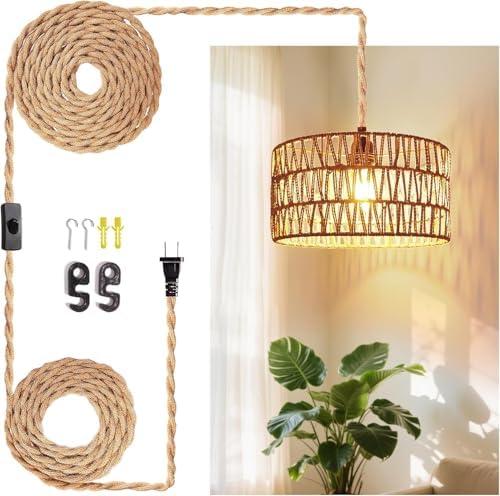 LUCORUSC Hanging Light Ceiling Lamp Pendant Lights Rattan Hanging Lamp with Plug in Cord for Living Room Bedroom Kitchen Indoor Hanging Lamp Plug in Woven Lampshade