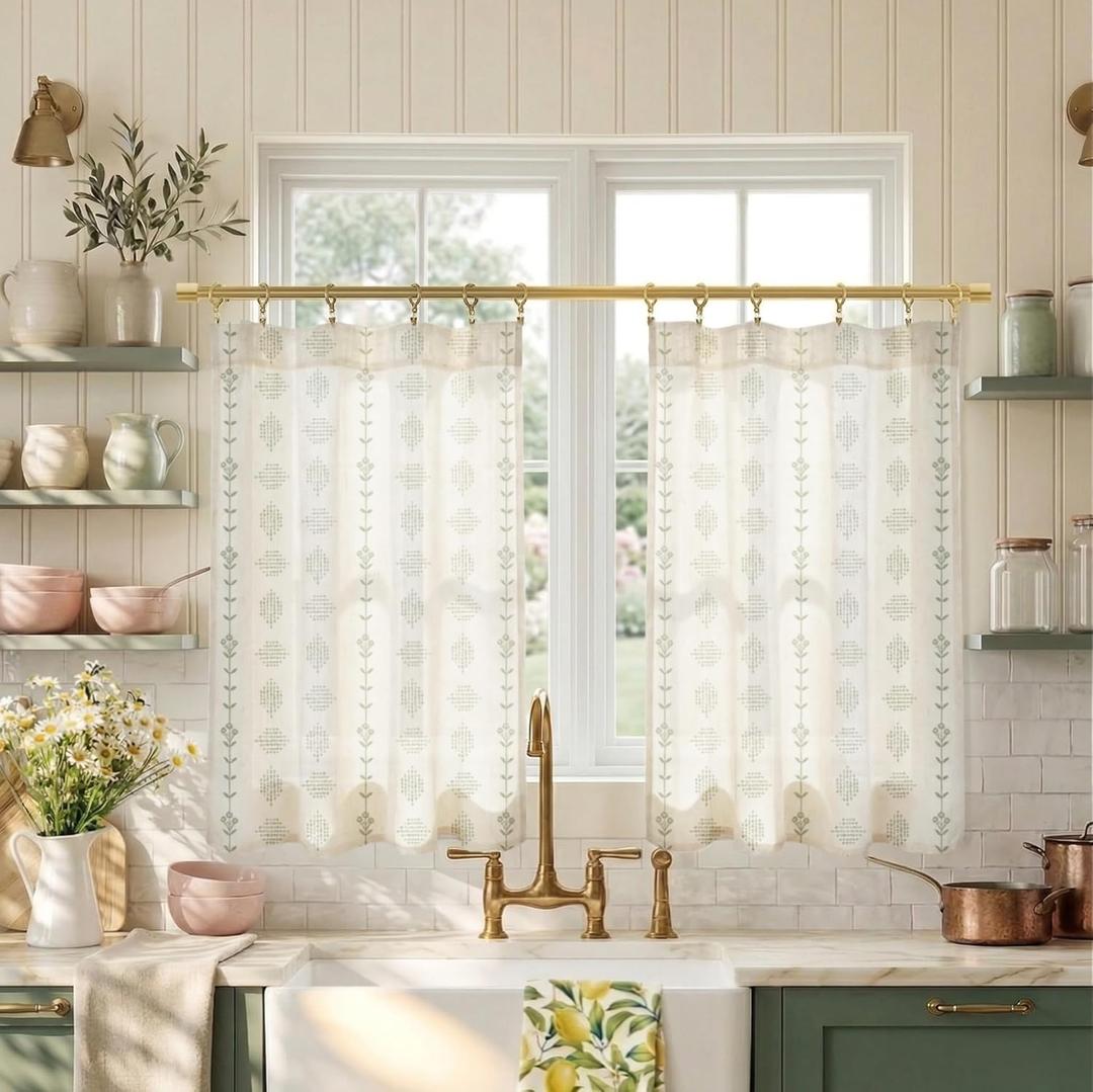 Lino Rosa Cafe Curtains 24 Inch Length,Sheer Short Linen Curtains for Boho Kitchen Bathroom Window Decor,Sage Green and Cream