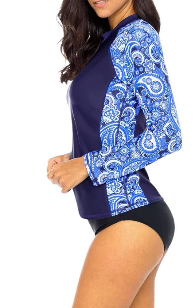 Halcurt Women Swim Shirt with Built in Bra Rash Guard with Pockets Thumb Hole Swimsuit Top Paisley, 2XL