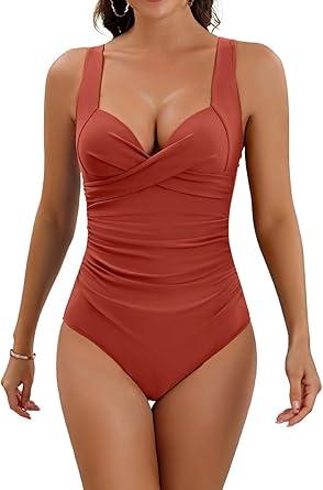 Eomenie Women's One Piece Swimsuit Tummy Control Slimming Push Up Bra Bathing Suits Wrap Twist 1 Piece Swimwear Reddish Brown Small
