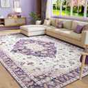 Amearea Vintage Design Area Rugs for Living Room, 5x8 Machine Washable Floral Collection Traditional Bedroom Rug, Low Pile Cute Kids Room Print Carpet, No Slip Office Kitchen Home Decor, Purple