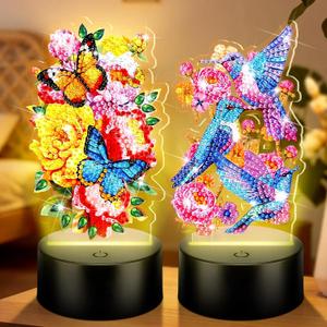 VIHOSE 2 Pcs Diamond Painting Night Light Diamond Art Painting Kits for Adults DIY Desktop Ornaments for Table Tabletop Decor Beginner Touch Lamp for Bedrooms Living Room