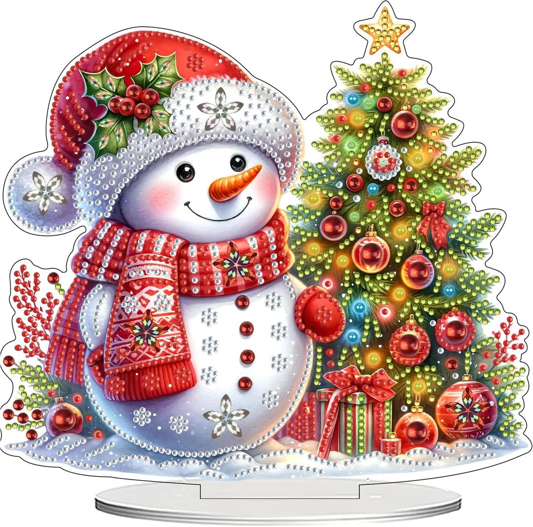 JJFox DIY 5D Tabletop Diamond Art Painting Kit Desktop Ornament Special Shaped Rhinestone Desk Placement OrnamentHome Stand Up Gem Painting Craft KitGift (Christmas Snowman)