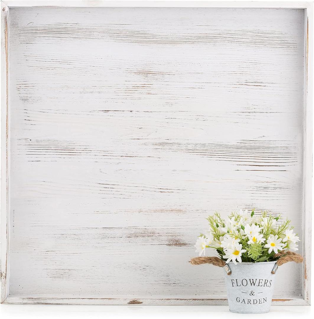 Hanobe Square Large Ottoman Tray: Extra Large Serving Trays with Handles Rustic Wood Whitewash Decorative Coffee Table Farmhouse Home Decor for Living Room Kitchen Counter 20" x 20"
