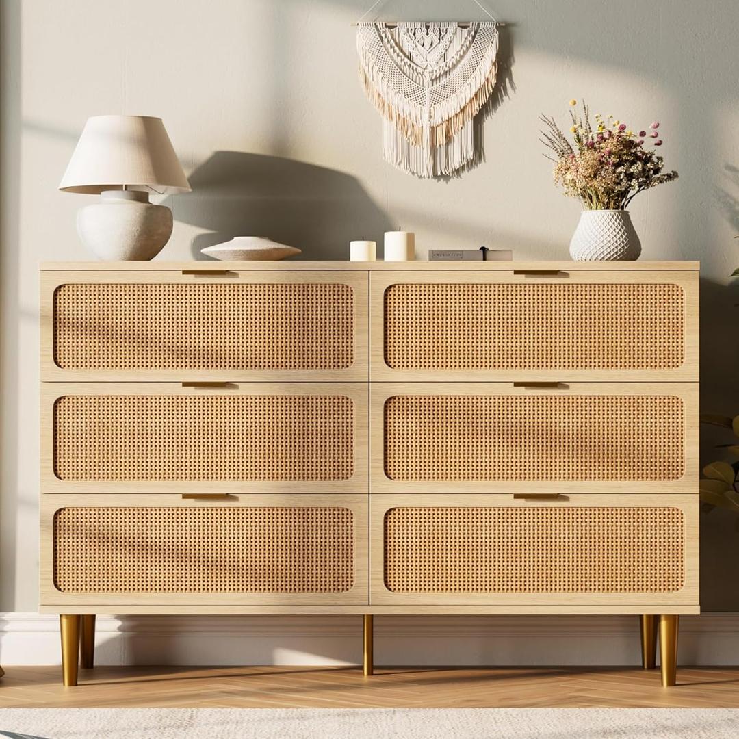 GarveeHome Rattan 6 Drawer Dresser for Bedroom, Large Double Dresser with Deep Drawers, Wooden Chest of Drawers for Closet with Wide Top, for Living Room, Hallway, Kids Room, Natural