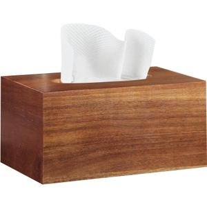 BIBELUN Tissue Box Cover, Acacia Wood Tissue Box Cover Rectangle with Slide-Out Bottom, Wooden Decorative Cube Facial Tissue Holder/ Organizer/ Dispenser for Bathroom, Office Desk & bedroom Decor (Brown)
